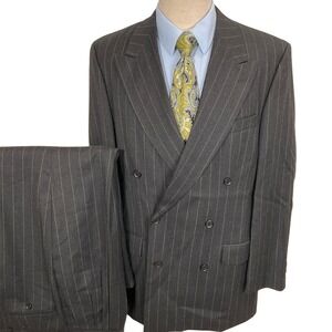 Bachrach Suit Mens 40T 34W 33L Charcoal Green  Pinstripe Flannel Double Breasted